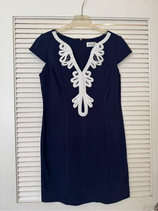 Eliza J Dresses & Skirts - Eliza J Navy Midi Dress with White Embroidered V-Neck Detail